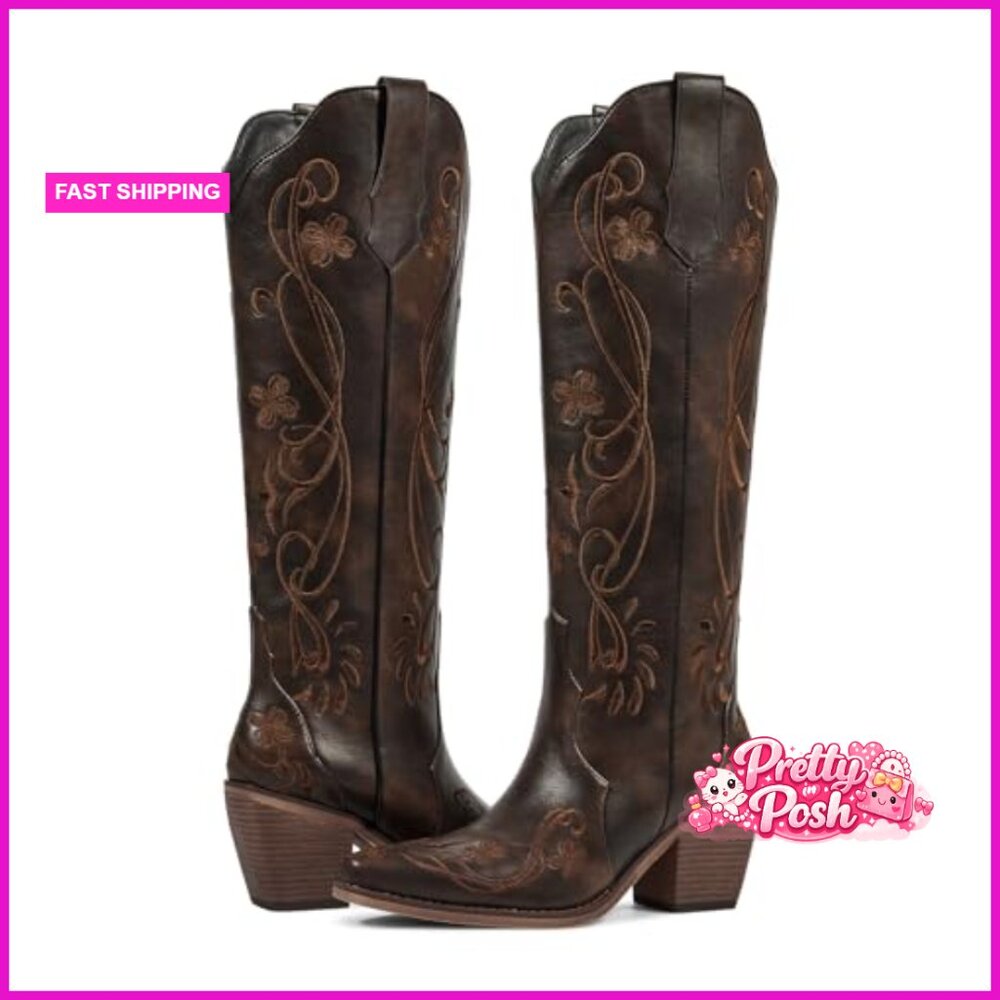 Knee High Cowboy Boots with Floral Embroidery Faux Leather Chunky Heel - Picture 6 of 7